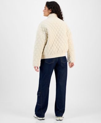 Juniors' Quilted Corduroy Zip-Front Coat