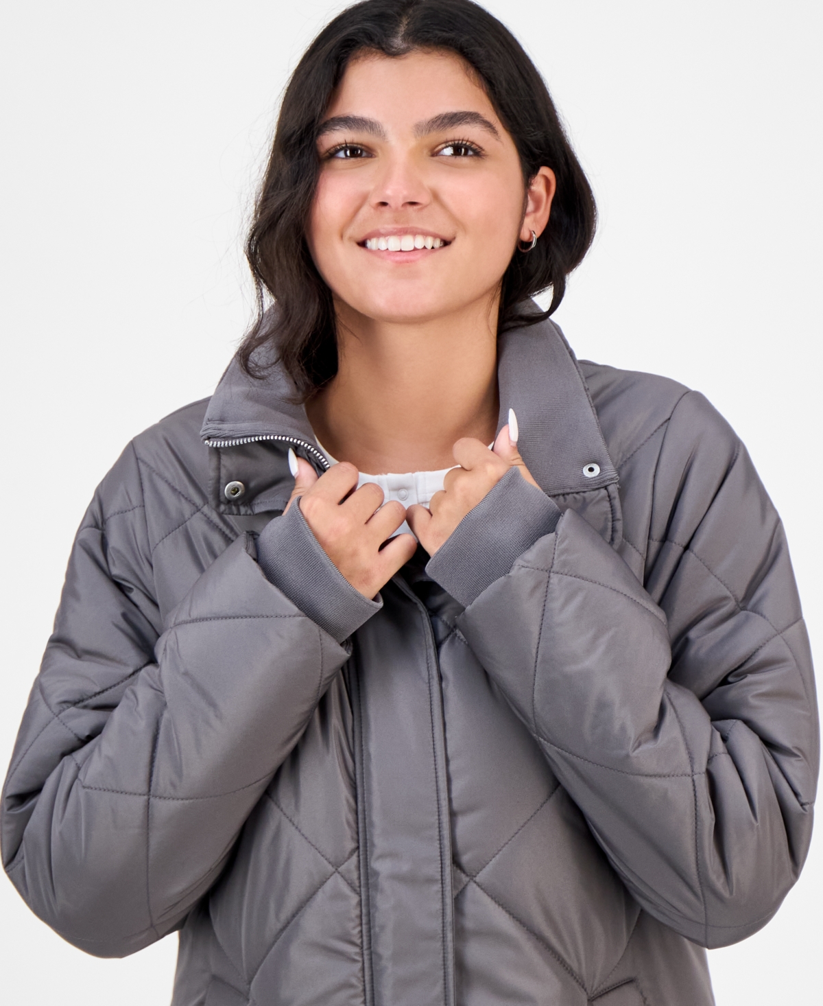 Coffeeshop Juniors' Shawl-collar Quilted Coat In Gray