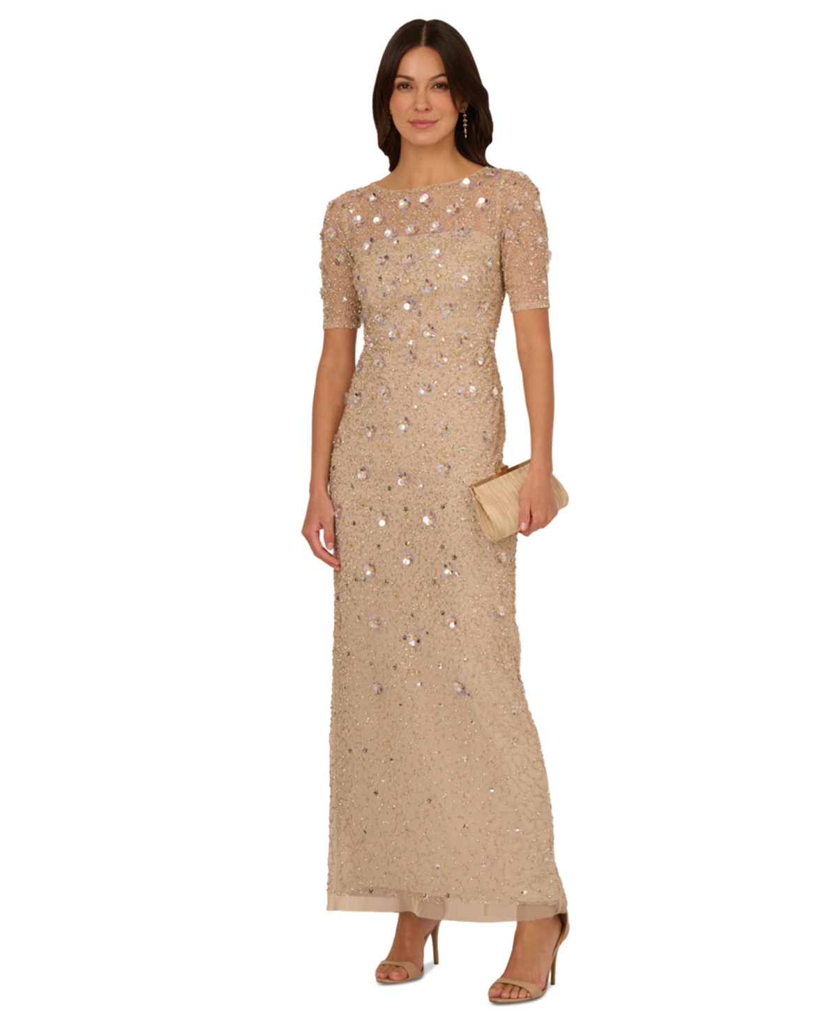 Petite 3D Floral Embellished Gown - Biscotti