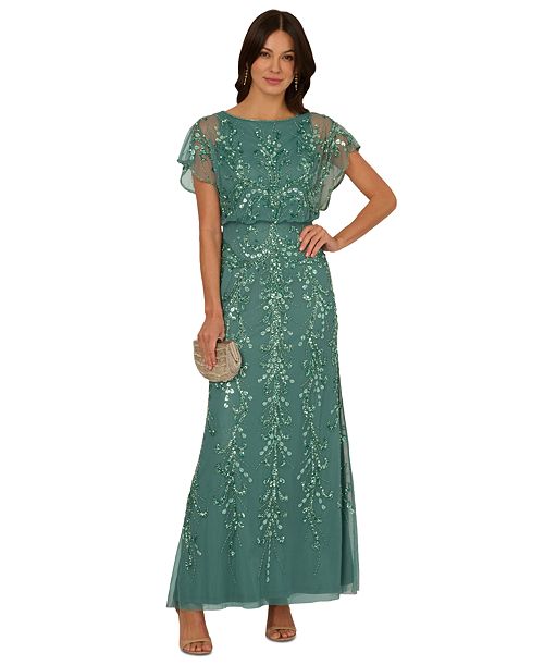 alfani Adrianna Papell Women's Beaded Blouson-Sleeve Gown Women's Fashion Shoes & Accessories