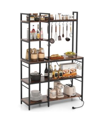 5-Tier Bakers Rack with Power Outlets and 10 S-Shaped Hooks – Multi-Functional Kitchen Storage with Electrical Access