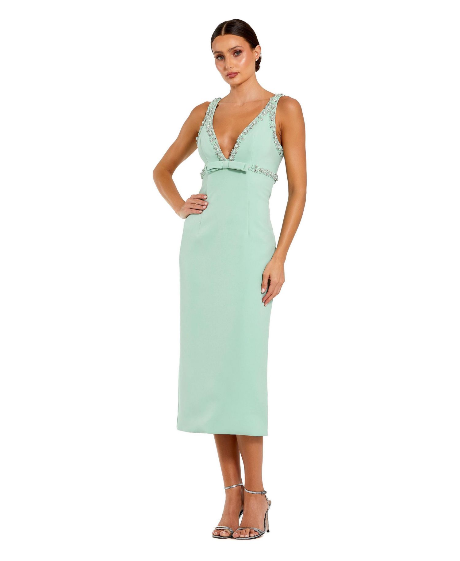 Women's Crepe Fitted Midi Dress With Bow And Beaded Trim
