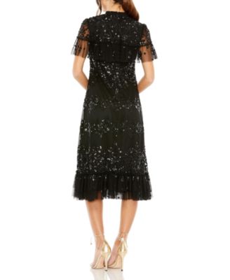 Женское миди-платье Mac Duggal с высоким воротом и оборками и развевающимися рукавами, расшитое блестками