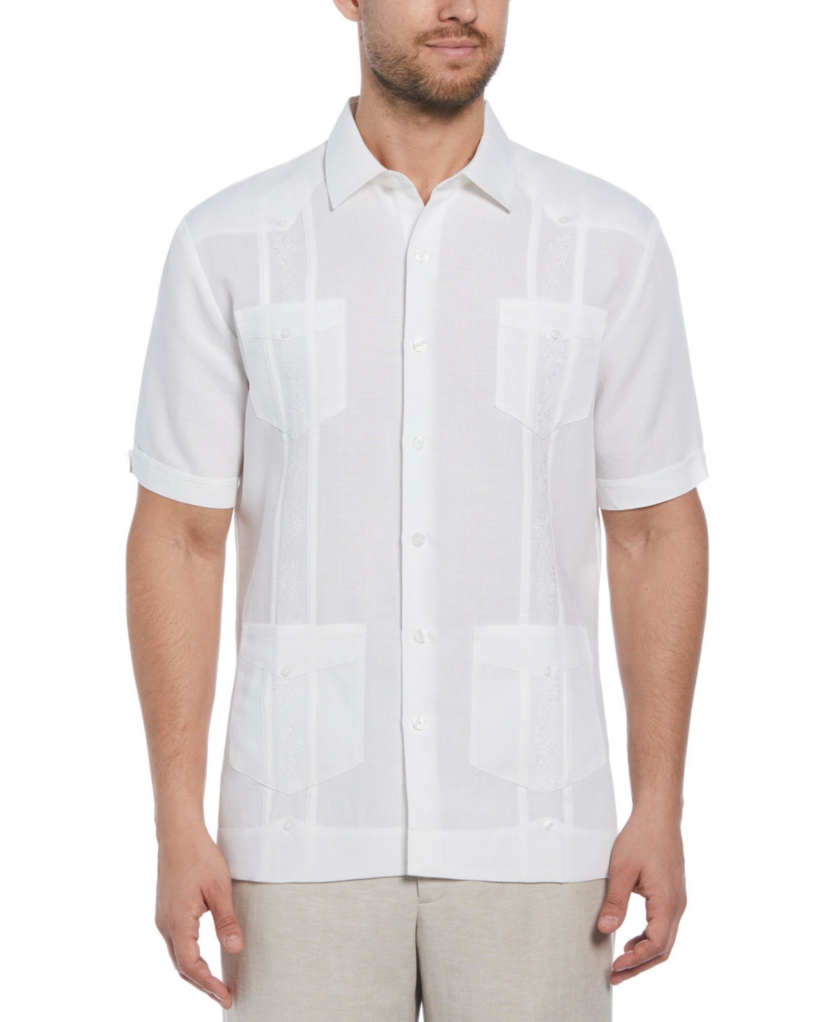 Short-Sleeve Embroidered Guayabera Shirt - Natural Linen