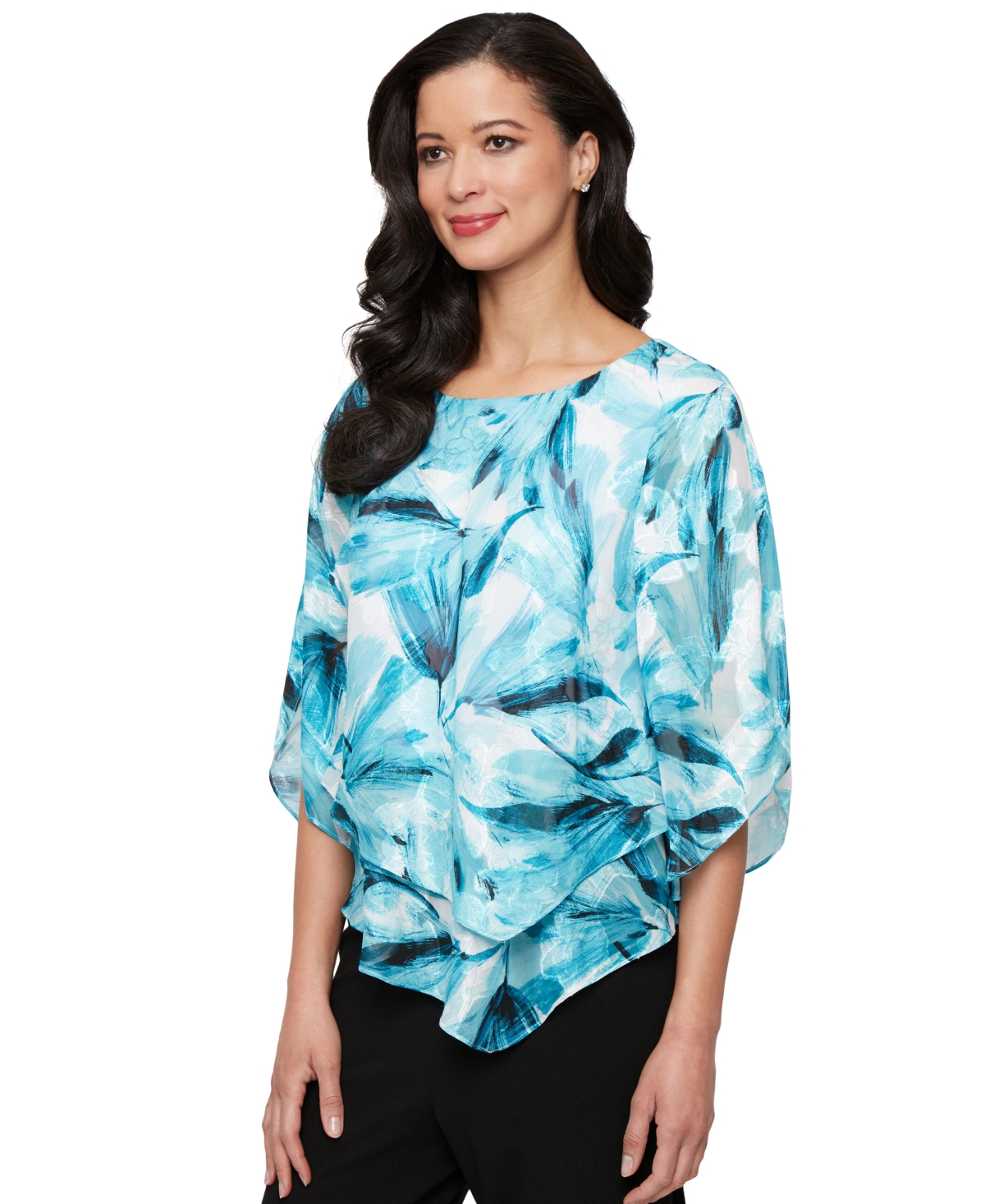 Petite 3/4-Sleeve V-Hem Burnout Blouse - Aqua Multi