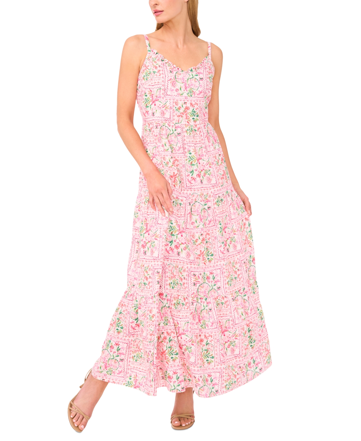 Cece Floral Stamp Print Linen Blend Maxi Dress