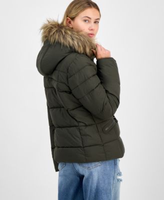 Juniors' Faux-Fur Hooded Puffer Coat