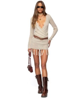 Women's Tassel Knit Wrap Mini Dress