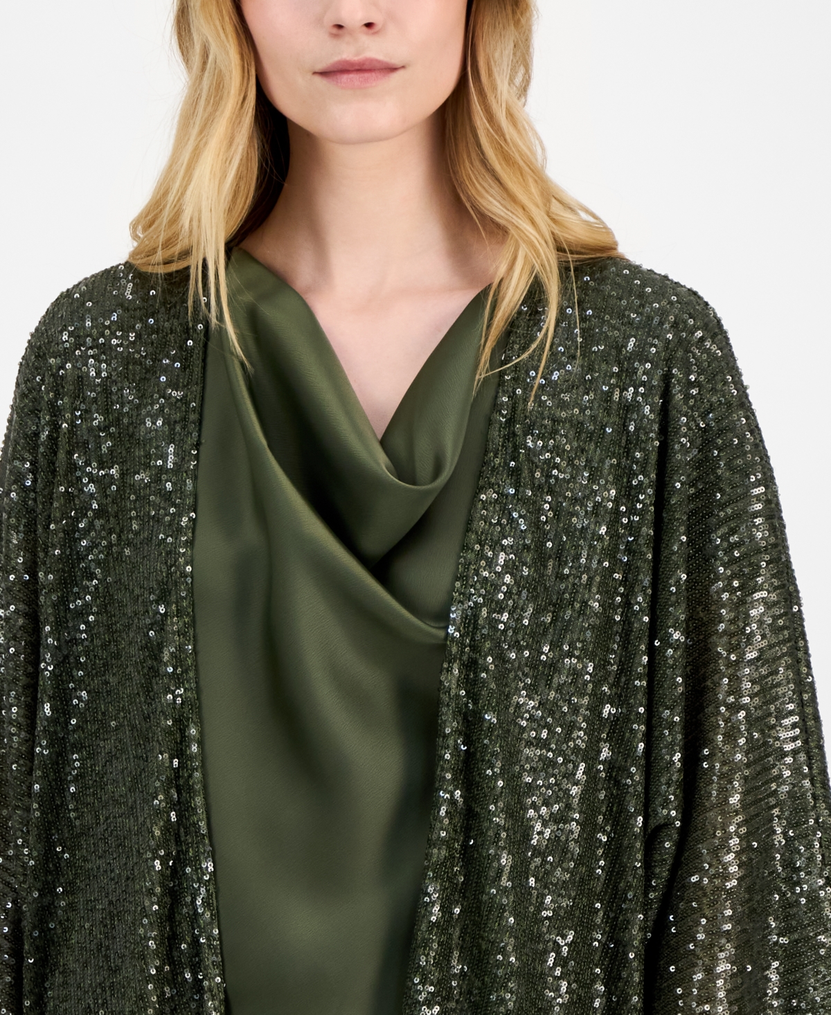 Anne Klein Women's Sequined Open-front Mesh Kimono Cardigan