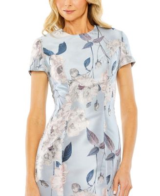Женское приталенное мини-платье Mac Duggal с коротким рукавом и цветочным рисунком