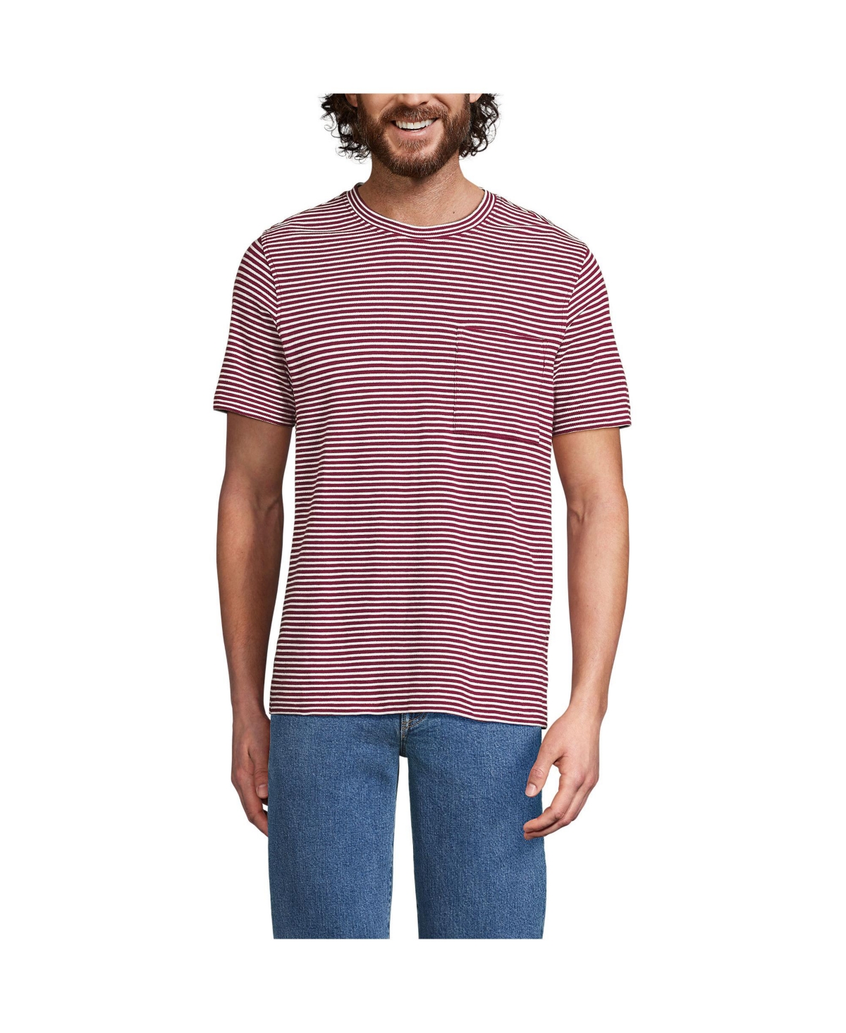 Men's Short Sleeve Cotton Linen Tee - Burgundy spritz mini stripe