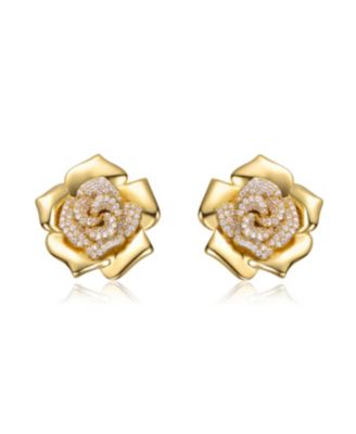 14K Gold Plated with Clear Cubic Zirconia Accents Flower Earrings