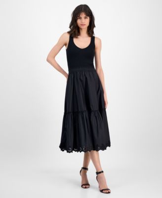 T Tahari - Women's Ribbed Tiered-Skirt Embroidered-Hem Midi Dress