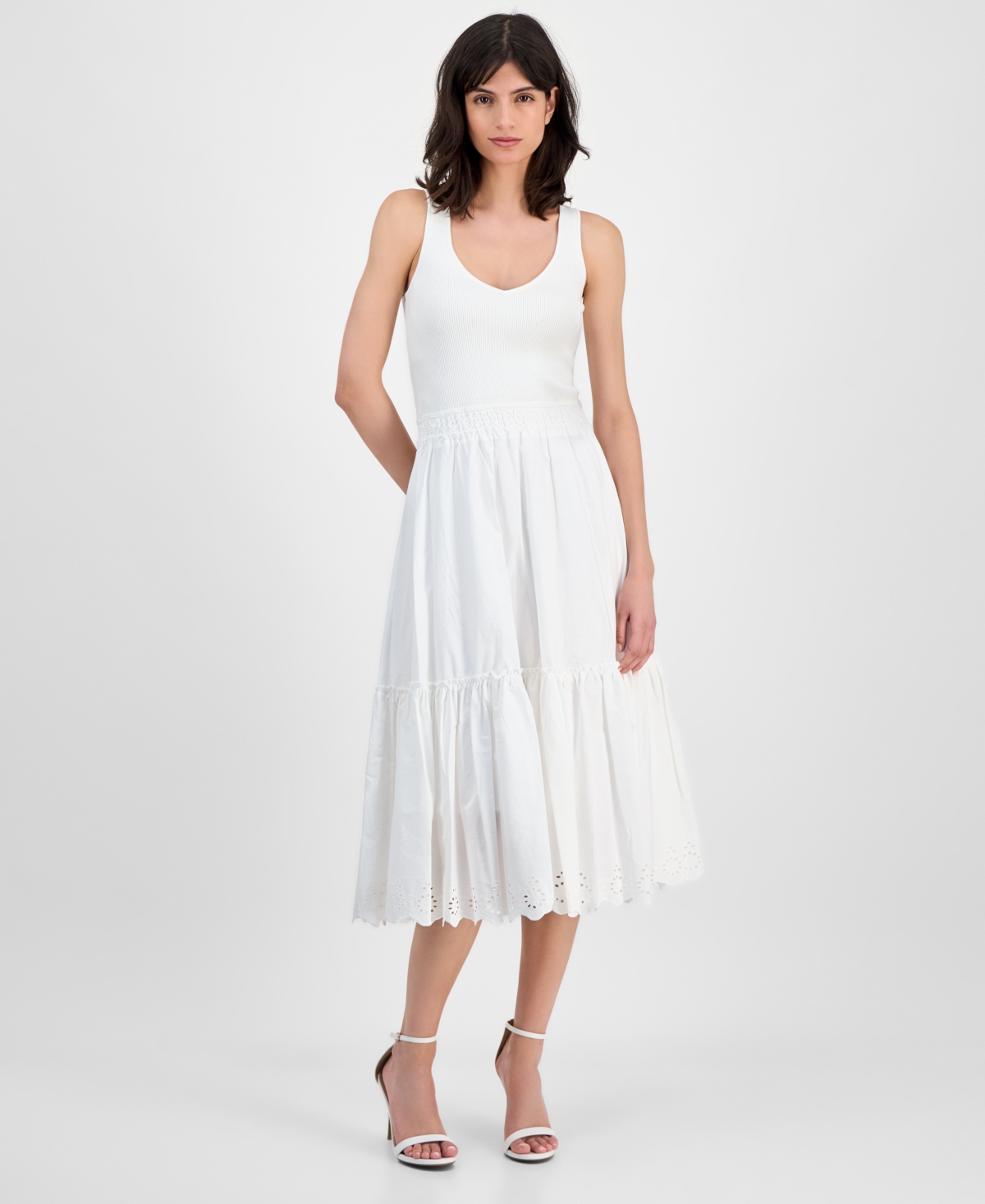 T Tahari Women's Ribbed Tiered-skirt Embroidered-hem Midi Dress