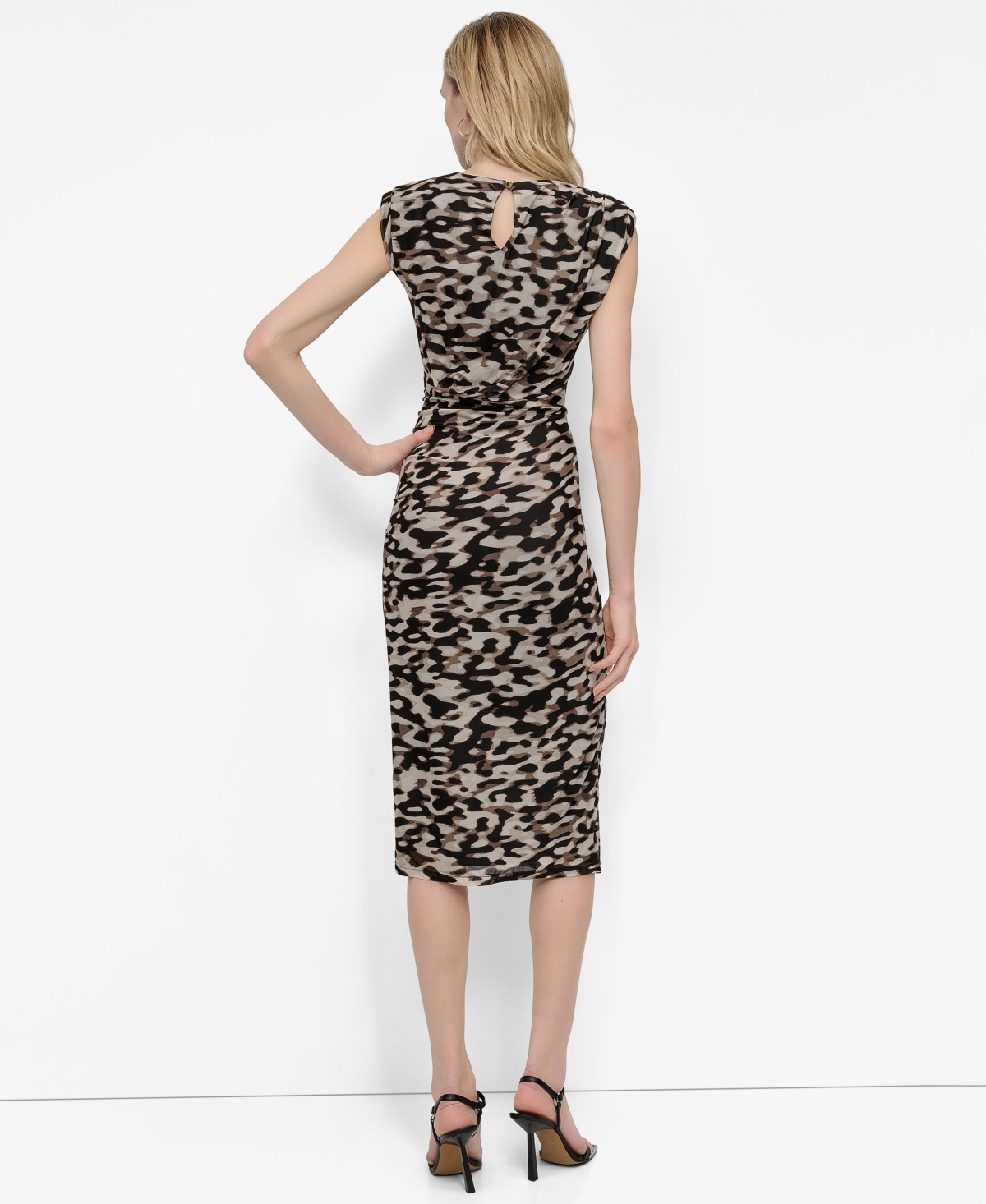 DKNY PETITE PRINTED MESH RUCHED BODYCON MIDI DRESS 