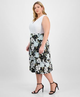 Plus Size Floral-Print Pull-On Midi Skirt 