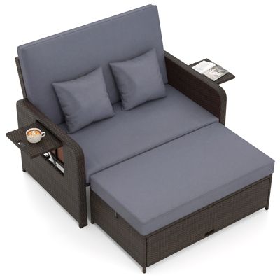 Patio Rattan Loveseat Set Daybed Lounge Storage Ottoman Side Tables Adjust