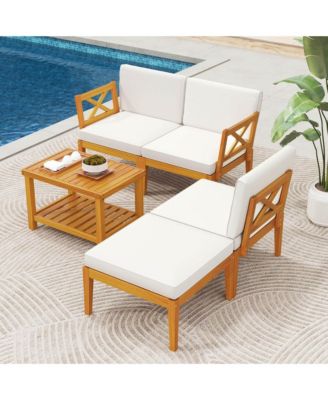 5 PCS Acacia Wood Patio Furniture Set with 2-Tier Coffee Table and Cushions