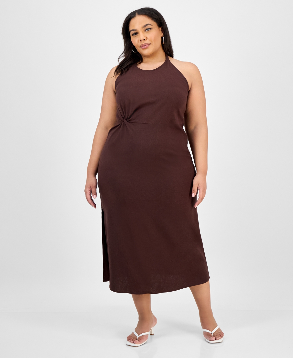 Bar Iii Trendy Plus Size Halter-neck Linen-blend Midi Dress, Exclusively At Macy's