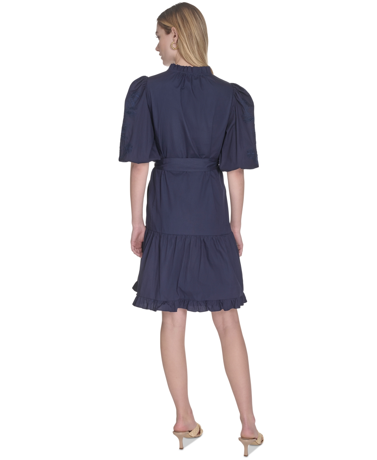 Vince Camuto Plus Size Cotton Puff-sleeve Tie-waist Dress In Blue