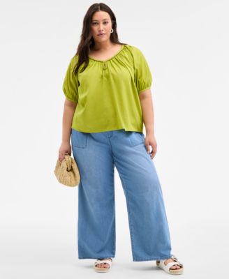 Trendy Plus Size Braided-Trim Short-Sleeve Top, Exclusively at Macy's