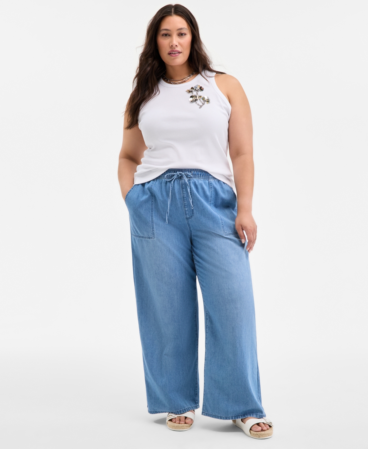Trendy Plus Size Pull-On Utility Wide-Leg Jeans, Exclusively at Macy's - Light Wash