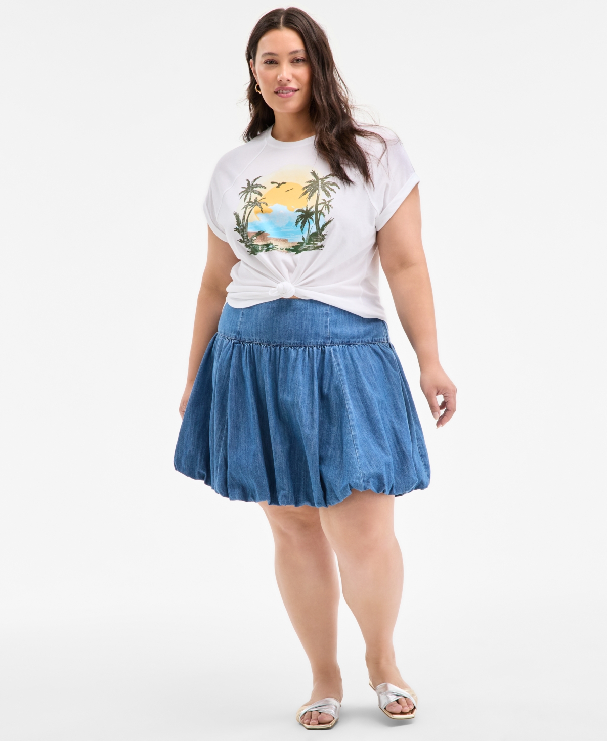 Trendy Plus Size Denim Bubble-Hem Mini Skirt, Exclusively at Macy's - Tinted Ltm