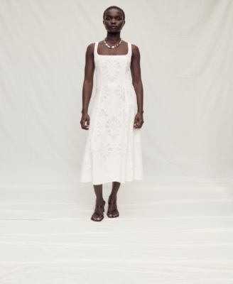Mango Women's Linen Floral-Embroidered Flared Dress - Macy's