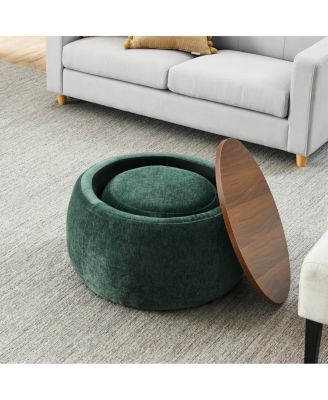 Multifunctional Round Ottoman Coffee Table with Wood Lid Hidden Seat and Storage for Bedroom or Living Room No Assembly Needed