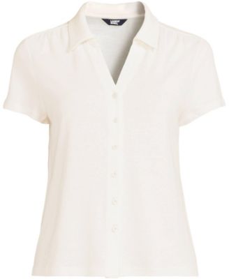 Women's Linen Blend Short Sleeve Button Front Polo Top