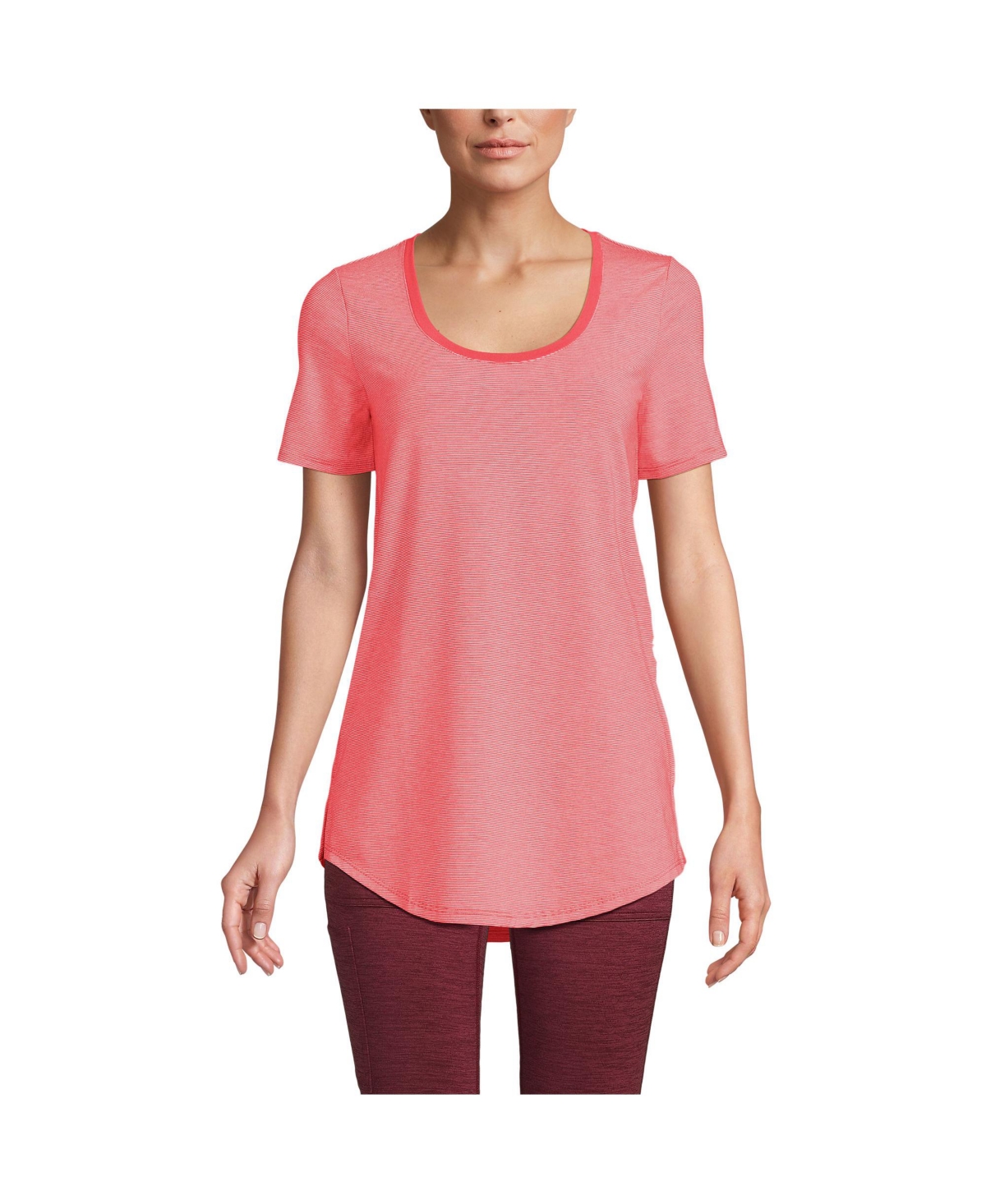 Women's Short Sleeve Power Performance Scoop Neck Curved Hem Tunic Tee - Deep coral pinstripe