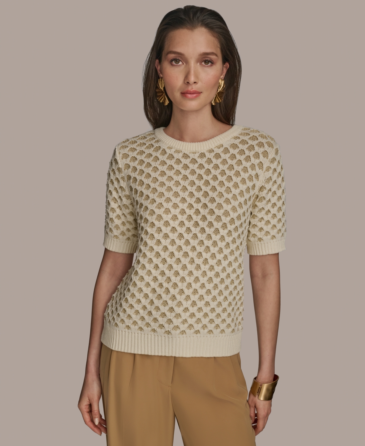 Women's Two-Tone Honeycomb Sweater - Cream/gold