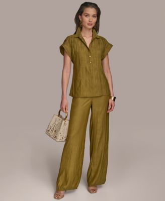 Womens Crinkled Cap Sleeve Shirt Wide Leg Pants