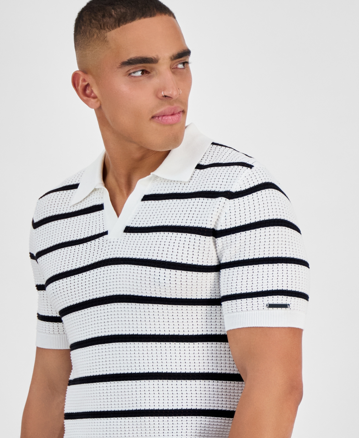 Karl Lagerfeld Striped Open Collar Polo Shirt In White