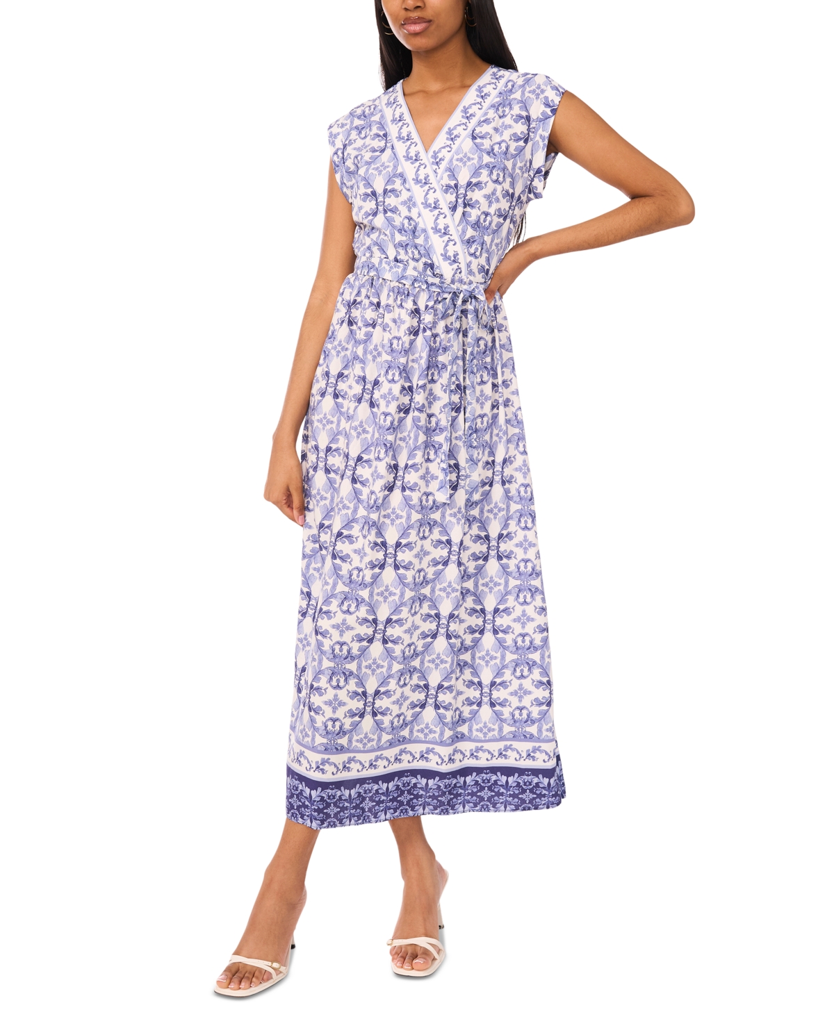 Women's Printed V-Neck Short-Sleeve Maxi Dress - Blue Multi