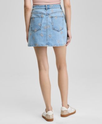 Women's Floral-Embroidered Denim Skirt, Exclusively at Macy's