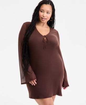 Plus Size Long-Sleeve Solid-Mesh Mini Dress, Exclusively at Macy's