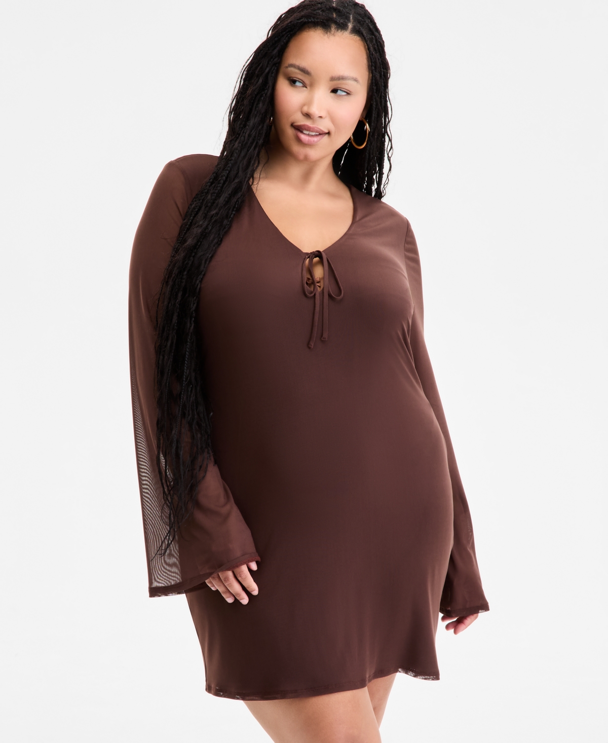Bar Iii Plus Size Long-sleeve Solid-mesh Mini Dress, Exclusively At Macy's In Brown
