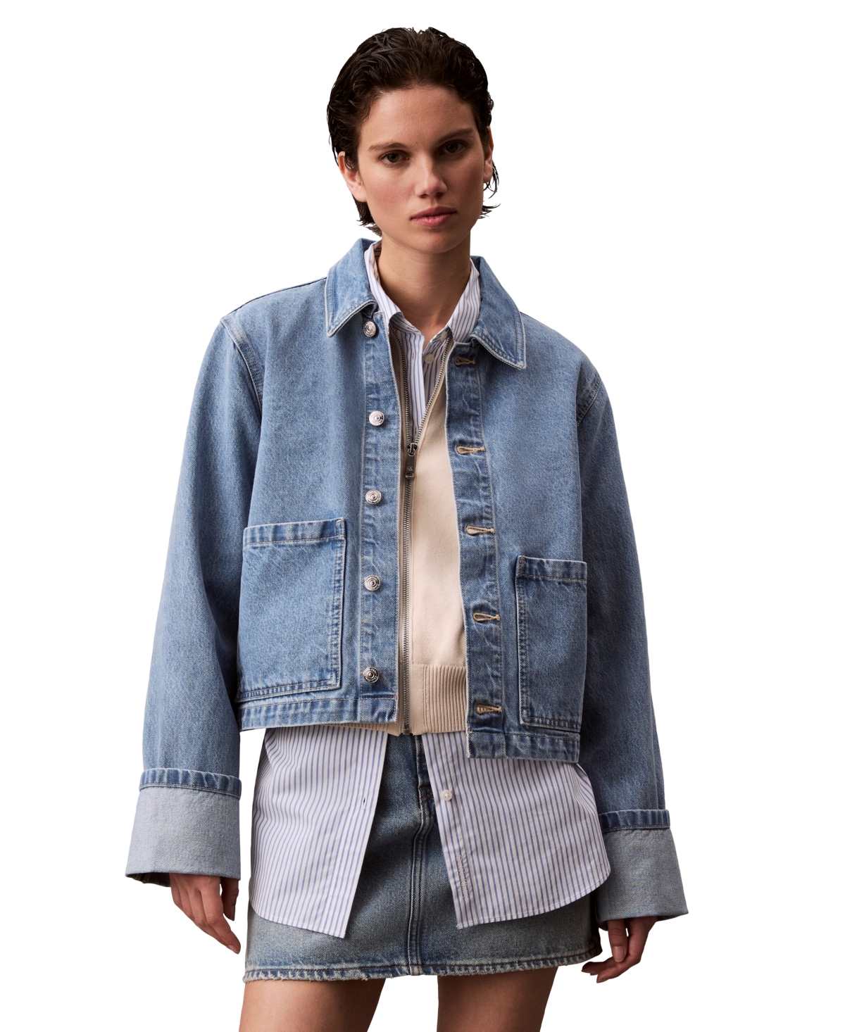 Women's Cuffed Long-Sleeve Denim Jacket - Blue Escape