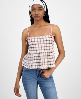 Planet Heart - Juniors' Plaid Babydoll Bow-Strap Tank