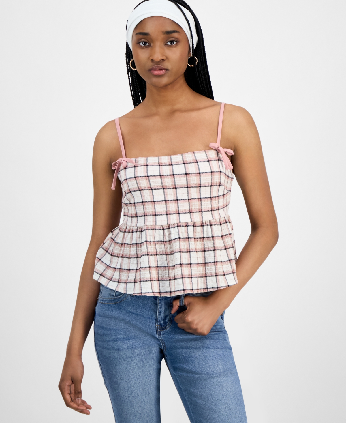 Juniors' Plaid Babydoll Sleeveless Tank - Whisper White