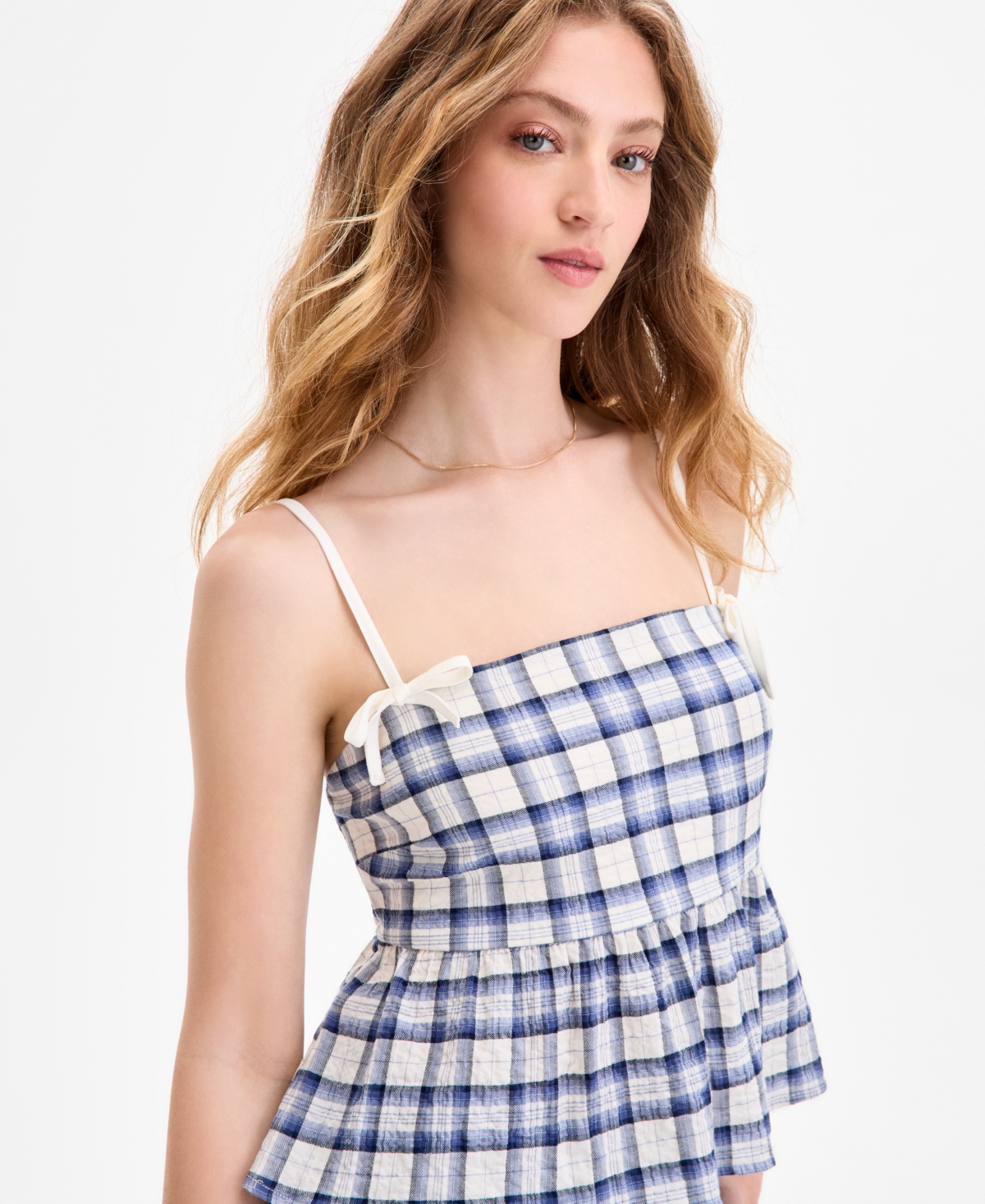 Juniors' Plaid Babydoll Sleeveless Tank - Whisper White