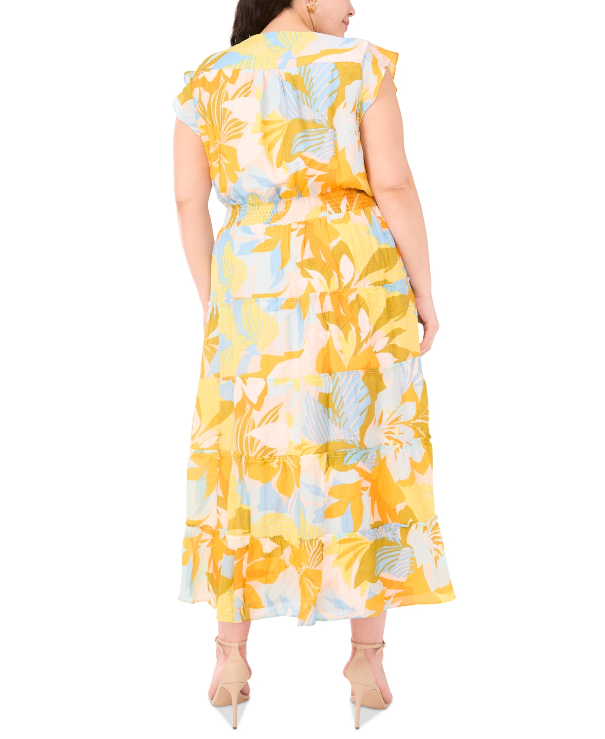 Msk Plus Size Printed Flutter-sleeve Tiered Maxi Dress