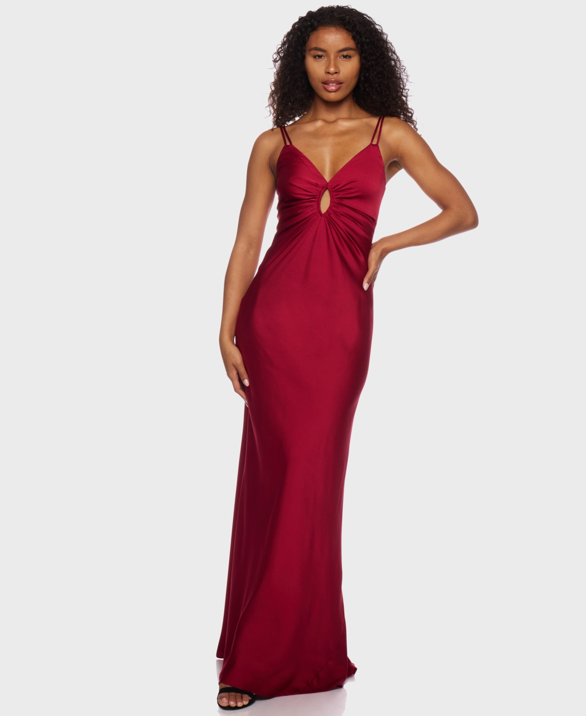 Juniors' Satin Keyhole Gown - Cranberry