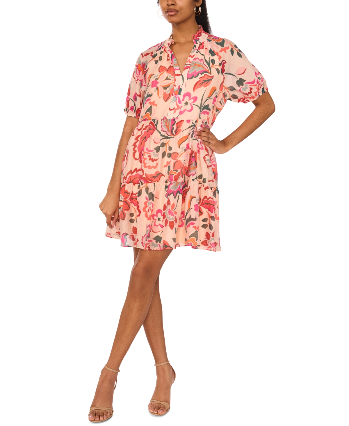 Women's V-Neck Short-Sleeve Tiered Babydoll Dress - Peach/multi