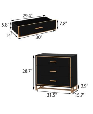 Bedside table with 3 drawers, side table with gold metal handles and feet, end table in black wood, suitable for bedrooms, living rooms, offices