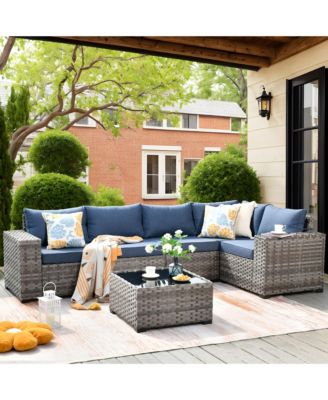 Patio Furniture Set,6 Piece Outdoor Sectional Sofa Couch Set,Patio Conversation Set with Modular Wicker Chairs,Widened Armrest,Side Table,Orange Red