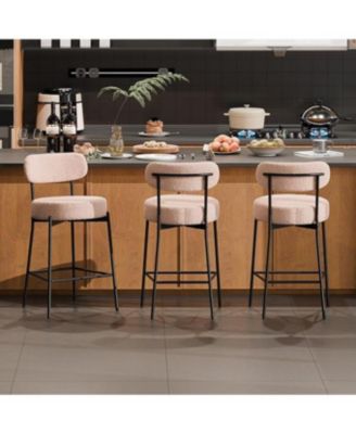 Bar Stools Set of 3, 24 Inches Modern Counter Height Bar Stools with Curved Back, Upholstered Boucle Barstools for Kitchen Island, Cafe