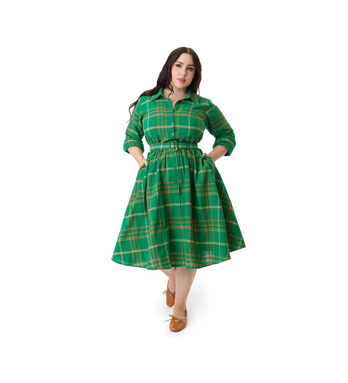 Plus Size Long Sleeve Belted Shirt Dress - Green plaid