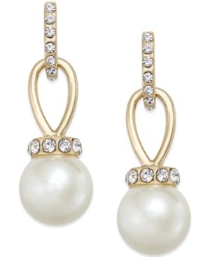 image of Charter Club Imitation Pearl and Pave Drop Earrings, Created for Macy-s